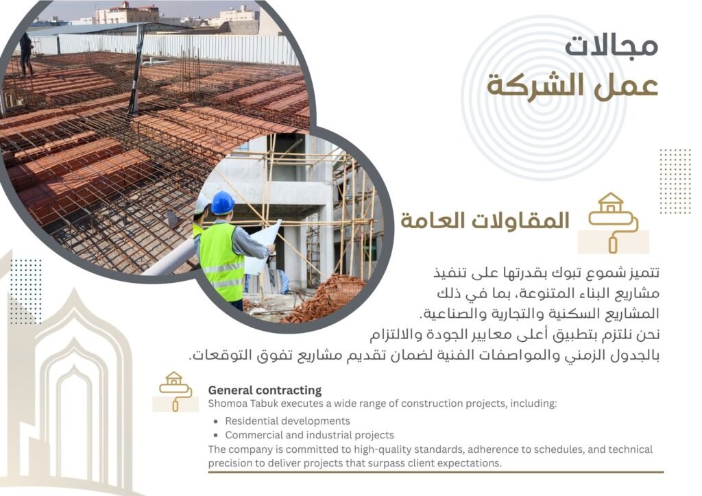 شموع تبوك للتطوير العقاري والمقاولات العامة نحن في شموع تبوك للتطوير العقاري والمقاولات العامة نؤمن بأن البناء ليس مجرد عملية تشييد، بل هو فن يعكس الرؤية والطموح. بخبرة تمتد لسنوات في قطاع التطوير العقاري والمقاولات، نقدم حلولاً متكاملة ومبتكرة تلبي تطلعات عملائنا في جميع أنحاء المملكة. نسعى لنكون الخيار الأول لكل من يبحث عن الجودة، الالتزام، والتميز.