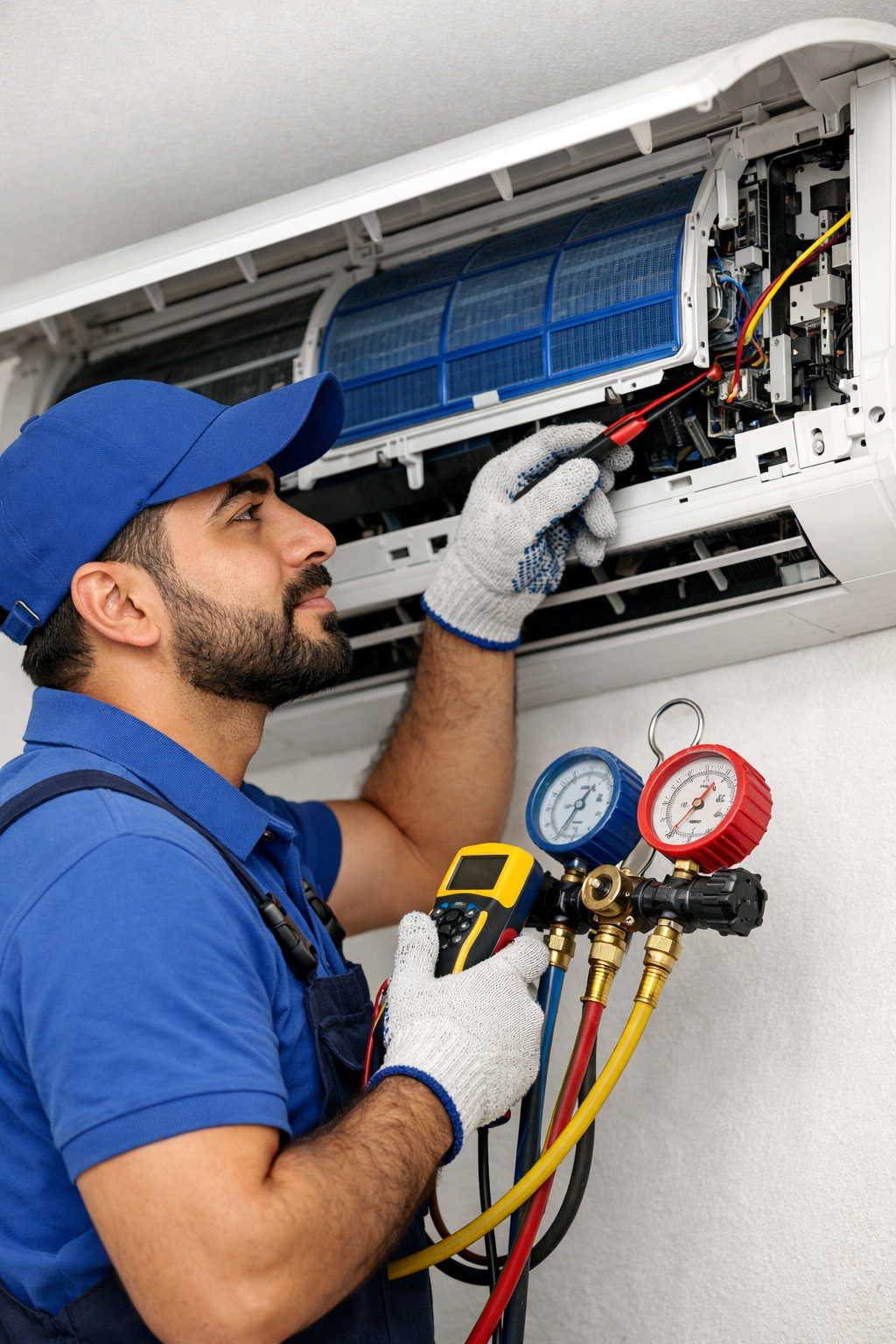 فني يقوم بأعمال صيانة التكييف في تبوك ويفحص الوحدة الداخلية باستخدام أدوات قياس متخصصة