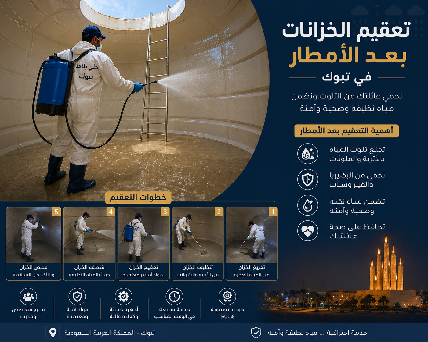 تعقيم الخزانات بعد الأمطار في تبوك