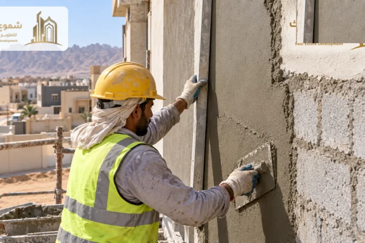 عامل ينفذ اللياسة الخارجية لجدار منزل في تبوك