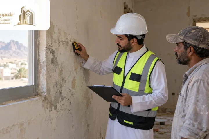 مهندس يفحص جدارًا ضمن أعمال ترميم منزل في تبوك