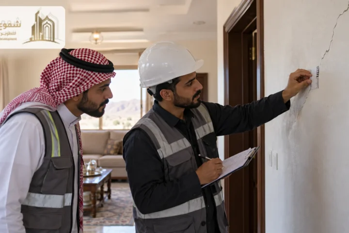 فحص شرخ في جدار منزل قبل اختيار طريقة الترميم في تبوك